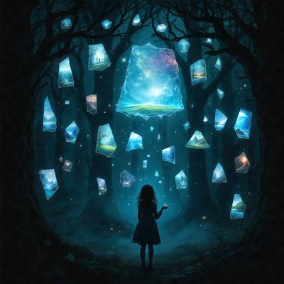 The primary subject of the image is a young girl standing in a forest. The setting is a dark, enchanted forest with a blue glow, creating a mysterious atmosphere. The visual style is a combination of digital art and illustration, giving the scene a surreal and dreamy quality. The colors are predominantly blue, with some green and purple accents, contributing to the overall mood of the image.